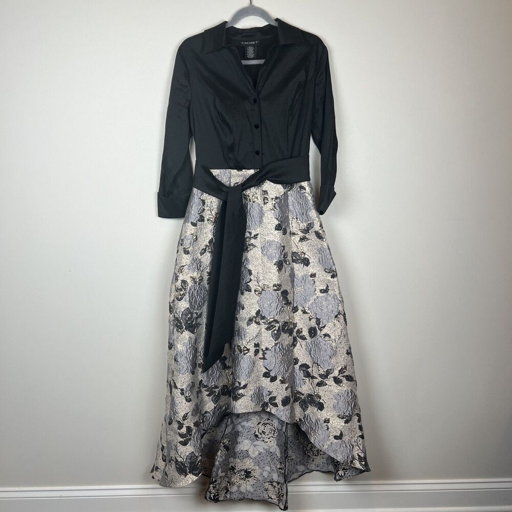 Cachet Black & Silver High-Low Floral Dress